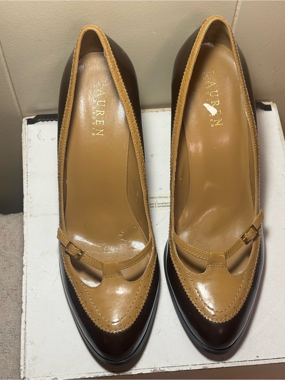 Lauren Ralph Lauren Brown and Tan Mary Jane Heeled Pumps - Picture 4 of 11